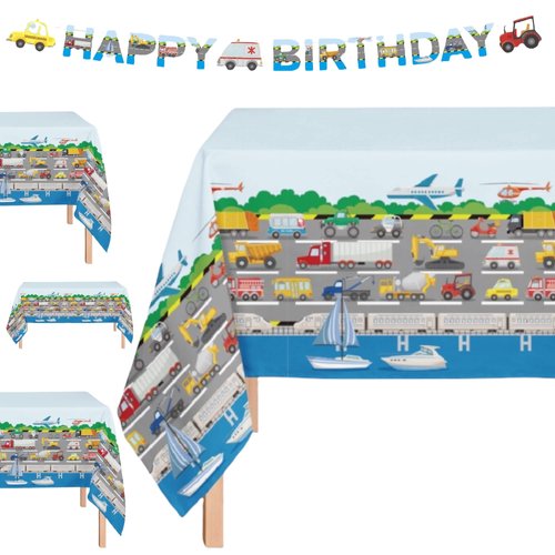Oojami 4 Pack Transportation Theme Plastic Table Cover Transportation Birthday Party Supplies, Trucks, Cars, Airplanes Kids Birthday Baby Shower, Includes 1 Banner (4)
