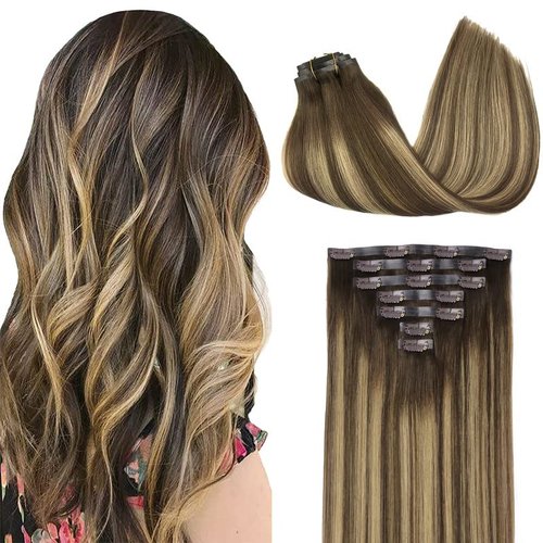 GOO GOO Clip in Hair Extensions Real Human Hair, 16inch 110g 7Pcs, 4/27/4 Balayage Chocolate Brown to Caramel Blonde, Remy Human Hair Extensions Clip ins for Women, Natural Human Hair