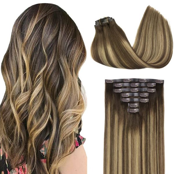 GOO GOO Clip in Hair Extensions Real Human Hair, 16inch 110g 7Pcs, 4/27/4 Balayage Chocolate Brown to Caramel Blonde, Remy Human Hair Extensions Clip ins for Women, Natural Human Hair