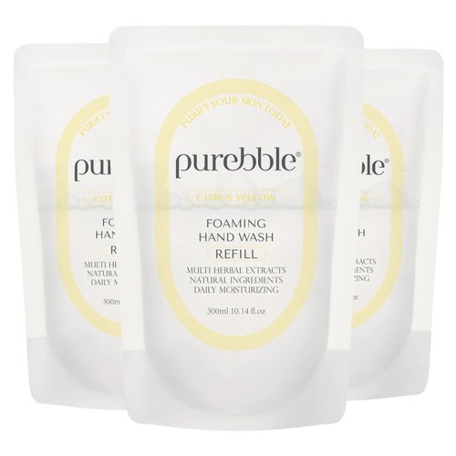 PUREBBLE Foaming Hand Wash, Citrus Yellow, 10.14fl.oz (Refill, Pack of 3) | with Hyaluronic Acid, Lemon Scent | For Kitchen and Bathroom | Cruelty Free Sulfate Free