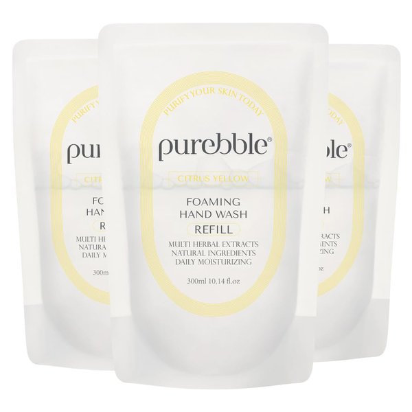 PUREBBLE Foaming Hand Wash, Citrus Yellow, 10.14fl.oz (Refill, Pack of 3) | with Hyaluronic Acid, Lemon Scent | For Kitchen and Bathroom | Cruelty Free Sulfate Free