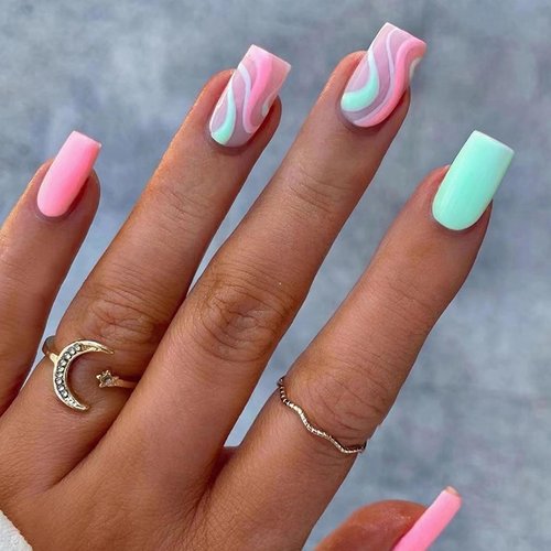 MISUD Square Press on Nails Short Squoval Fake Nails Glossy Glue on Nails Bright Pink Acrylic Nails Mint Green Arificial Nails Swirl Stripe Stick on False Nails with Design 24 pcs