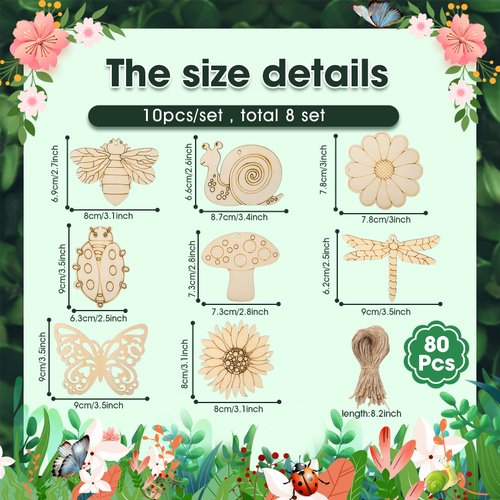 80Pcs Unfinished Wooden Cutouts,8 Styles Wood Butterfly Flower Bee Slices,Blank Wooden Paint Crafts Unfinished Wood Cutouts,DIY Wooden Paint Crafts for Kids Painting School Home Holiday Party Supplies