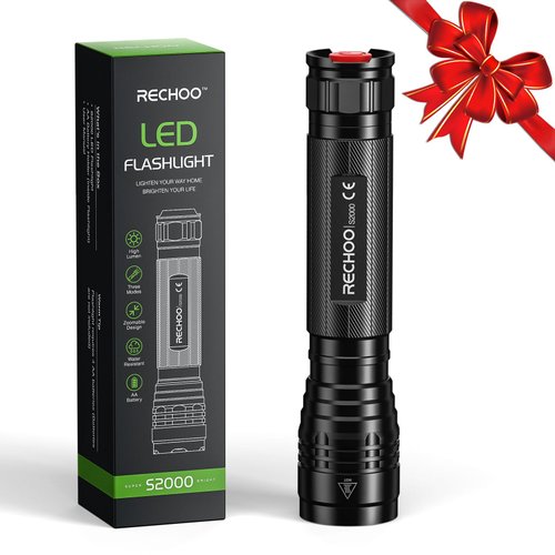 RECHOO High-Powered LED Flashlight S2000, Upgraded Powerful 2000 High Lumens Flashlights with 3 Modes, Zoomable, Water Resistant Flash Light for Camping, Outdoor, Emergency, Hiking