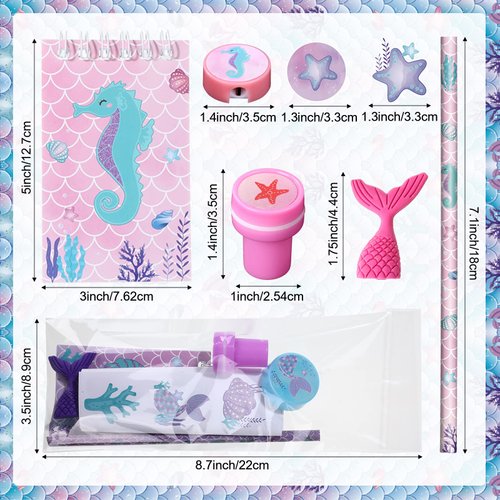 Faccito Mermaid Party Favors Mermaid School Stationery Set Class Reward Gift Notebooks Pencils Sharpener Erasers Stickers Sharpeners Stampers Mermaid Birthday Decoration Supplies (Beautiful,86 Sets)