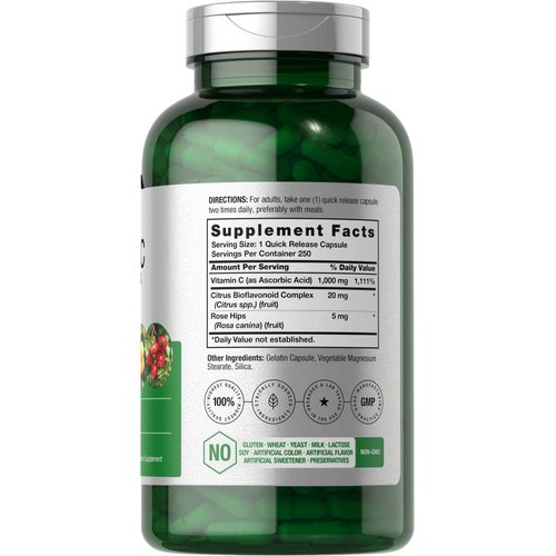 Horbäach Vitamin C 1000mg | 250 Capsules | with Bioflavonoids and Rose HIPS | Non-GMO, Gluten Free Supplement | High Strength Formula