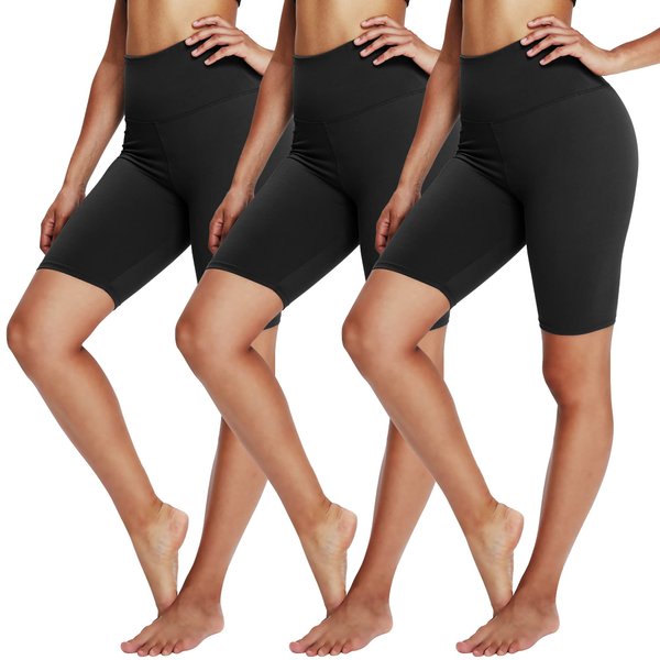 YOLIX 3 Pack Biker Shorts for Women – 8" Black High Waisted Workout Athletic Running Yoga Shorts