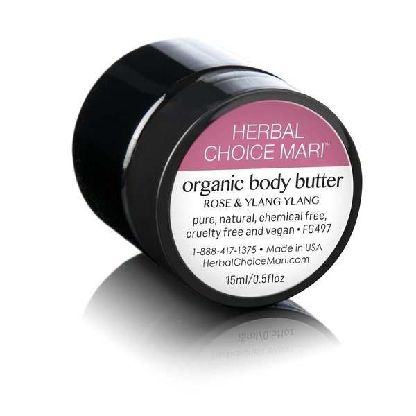 Nature's Brands Organic Body Butter by Herbal Choice Mari (Rose & Ylang Ylang, 0.5 Fl Oz Jar) - No Toxic Synthetic Chemicals - TSA-Approved Travel Size
