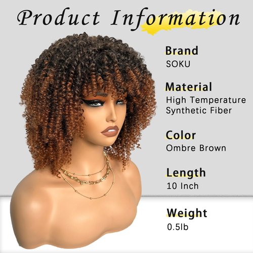 SOKU Short Kinky Curly Full Wigs with Bangs 10 Inch Ombre Brown Curly Wigs for Black Women Non Lace Glueless Synthetic Wigs Heat Friendly Afro Bomb Curly Wig for Daily Wearing