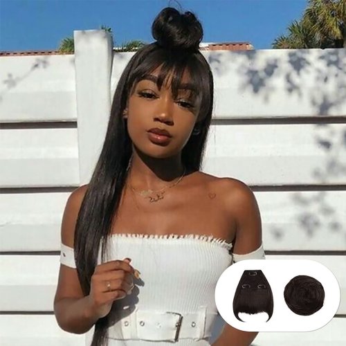 GLAM21USA Bang & Bun 2pcs, Bangs Hair Clip in Bangs Clip on Bangs Fringe Bang Hair Bun Synthetic Chignon Bun Updo Hair Piece for Women - Fringe Bang & Coffee Roll (Dark Brown #2)