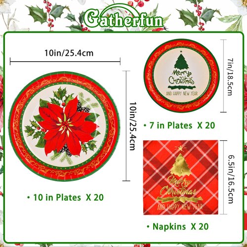 Gatherfun Christmas Party Supplies Christmas Poinsettia Flower Disposable Paper Dinner Plates Dessert Plates and Napkins for Merry Christmas Party, Serve 20