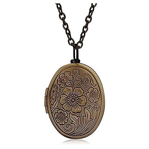 LRESJJIUJ Vintage Engraved Flower Locket Picture Pendant Necklace for Women Girls