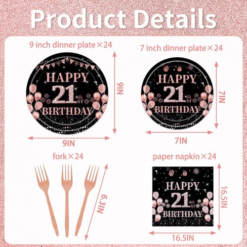 Rakuto 21st Birthday Party Tableware - 96PCS 21st Party Plates Napkins Forks Supplies Rose Gold 21st Birthday Party Supplies Decorations Girls Happy 21st Birthday Party Dinnerware Decor (24 Guests)