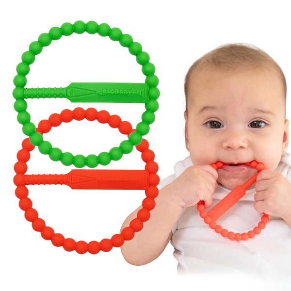 CRICBABY Cricket Baby Teether | 2 Pack Cricket Bat & Ball Shape | Soft Silicone Teething Toy for Babies 0-9 Months | Easy to Hold with 5 Teething Textures | Grass Green & Cherry Red | Certified Safe