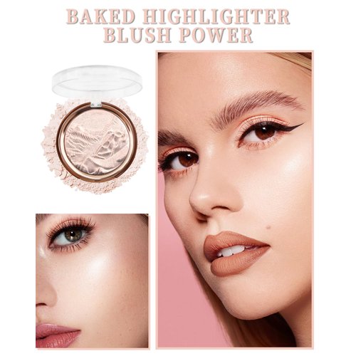 Baked Highlighter Blush Palette-Champagne Rose Face Highlighter, Sheer Shimmer Glitter Diamond Highlighting Eyeshadow Palette for Face Body Cheek, Christmas Makeup Gift for Women,0.38 Oz-Dawn Glow
