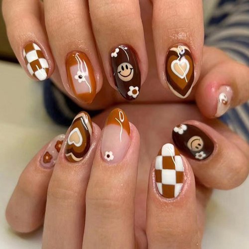 Fall Press on Nails Short Almond Fake Nails Brown French Tip False Nails with Designs Cute Flower...