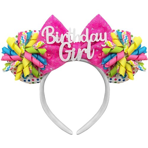 Trnerm Birthday Girl Mouse Ears Headband Birthday Girl Headband Sequin Mouse Ears for Women Girls Birthday Party Decorations Colorful Ribbons