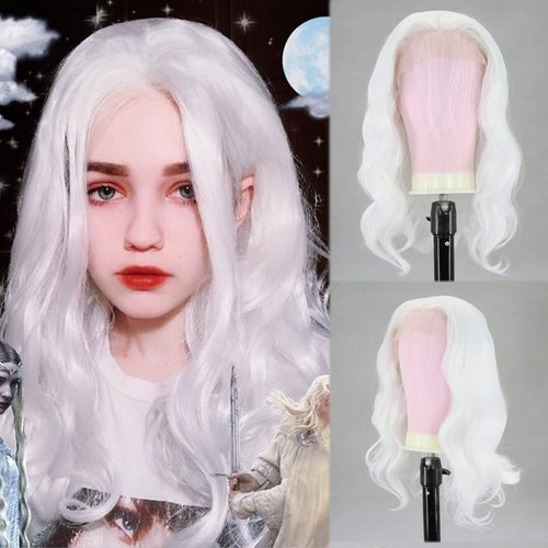 BTWTRY Short White Wig Loose Curly Wavy Lace Front Wigs Synthetic Hair Snow White Bob Wigs for Bl...