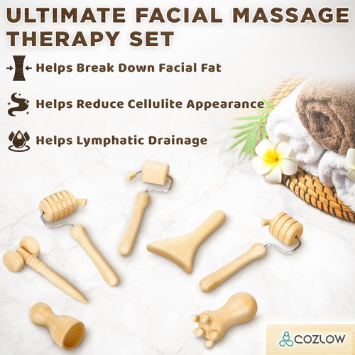 COZLOW Wood Therapy Facial Massage Tools (7 Piece Set), Gua Sha Wooden Face Massager Kit for Face Lifting, Lymphatic Drainage, Skin Care & Anti-Aging