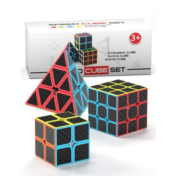 Speed Cube Set, Carbon Fiber Sticker Puzzle Cube Bundle Magic Cube Set of 2x2x2 3x3x3 Pyramid Speed Cube, Birthday Party for Kids Teens Adults