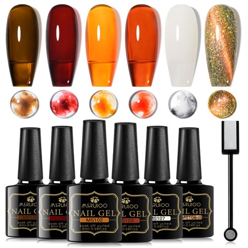 MSRUIOO Jelly Crystal Gel Nail Polish Translucent Tortoise Shell Nails Red Coral Caramel Orange Amber Brown Grey Fall Colors and Cat Eye Gel Polish Soak Off UV LED Manicure Art 6 Colors Gift Box