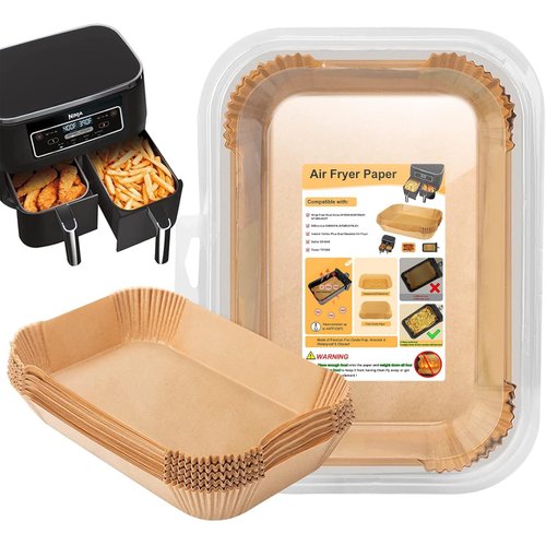 Air Fryer Liners Disposable, Rectangular Airfryer Paper Liners for Ninja 2-Basket Air Fryer,100 Pcs Food Grade Non-Stick Parchment Paper for Air Fryer (8.6x5.5'')