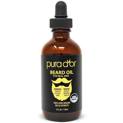 PURA D'OR Organic Beard Oil (4oz / 118mL) 100% Pure- USDA Certified- Natural Leave-In Conditioner, Argan & Jojoba Oil- Mustache Care & Maintenance, Increase Softness & Strength (Packaging may vary)