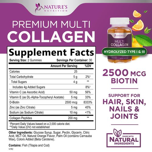 Collagen Gummies with 2500mcg Biotin, Vitamin C & Zinc - Hydrolyzed Type 1 & 3 Collagen Peptides Supplement - Support for Hair, Skin, Nails & Joints - Gluten Free - Orange Flavored Gummy - 60 Count