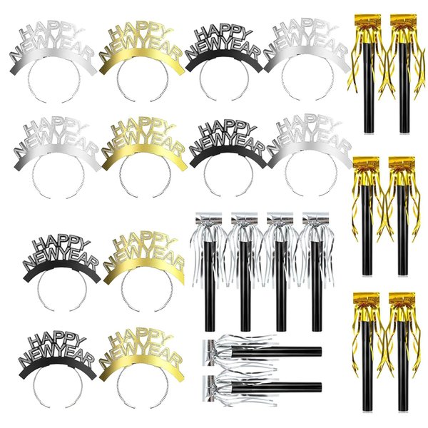 New Years Eve Party Supplies 2025-24 Pieces Gold Sliver Happy New Year Headband Metallic Fringed Noise Makers for Kids Adults New Years Party Supplies