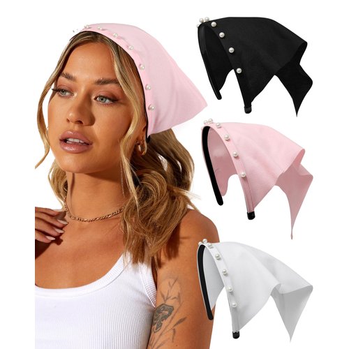 AWAYTR 3pcs Hair Bandana for Women Girls Solid Color Hair Scarf Headband Bandana Double Layer Triangle Head Kerchief Boho Hair Band (Scarf Headband - Pink/White/Black)