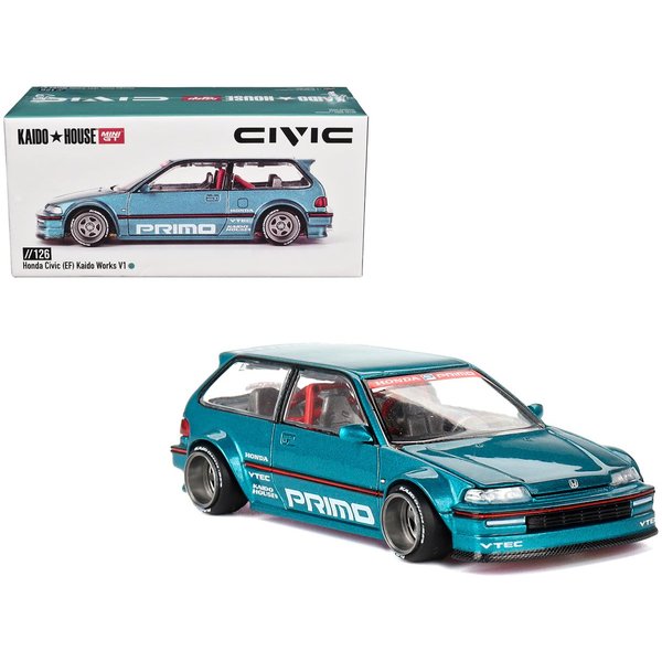 True Scale Miniatures Model Car Compatible with Honda Civic (EF) Kaido Works V1 Tahitian Green Limited Edition 1/64 Diecast Model Car Kaido House KHMG126