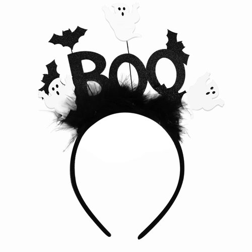 JoviaFesta Xtraokute Halloween Headband BOO Ghost Halloween Costume Party Accessories for Girls Pumpkin Spider Web Ghost Bat Witch Hat Natural Feather Hair Hoop Head Bopper (Ghost)