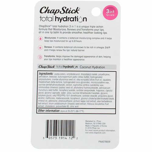 ChapStick Total Hydration 3-in-1 Lip Care Coconut Hydration 0.12 oz (Pack of 2)