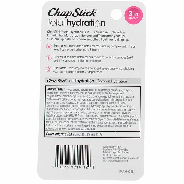 ChapStick Total Hydration 3-in-1 Lip Care Coconut Hydration 0.12 oz (Pack of 2)