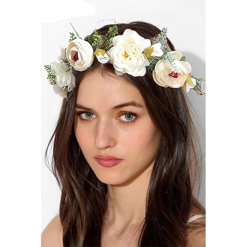Lofruiin Women's Bohemian Simulated Rose Flower Wreath Adjustable Rose Flower Headband Seaside Party Floral Headpiece (A- White)