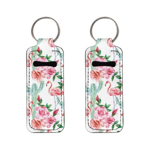 ENLACHIC 2Pcs Flamingo Print Chapstick Holder Keychain Bulk Lip Balm Holder Chapstick Portable Lipstick Holder Keychain for Women Girls,Flamingo Cactus