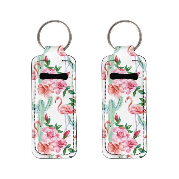 ENLACHIC 2Pcs Flamingo Print Chapstick Holder Keychain Bulk Lip Balm Holder Chapstick Portable Lipstick Holder Keychain for Women Girls,Flamingo Cactus
