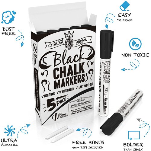 CHALKY CROWN Liquid Chalk Marker Pen - Dry Erase Marker - Chalk Markers for Chalkboard Signs, Windows, Blackboard, Glass - 6mm Reversible Tip - 24 Chalkboard Labels Included (Black, 5 Pack)