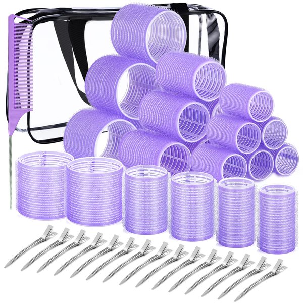 IKOCO Heatless Curlers Set, 24 Curlers for Long and Short Hair Bangs, with 16 Roller Clips, Clear Toiletry Bag, and Rat Tail Comb (Purple)