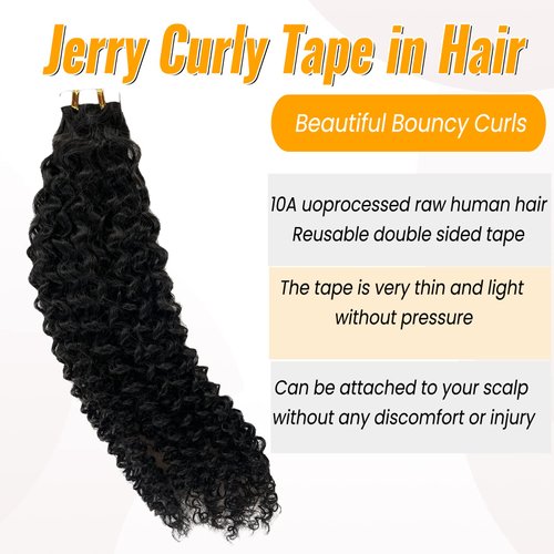 Human Hair Tape in Extensions for Black Women Curly Tape in Extensions 20inch 3B 3C Jerry Curly Tape ins Real Human Hair Extensions 50g 20pcs for Short Hair