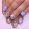 MABKJLF Press on Nails Short Square Flower Fake Nails Purple Full Cover False Nails with Flower Designs Glossy False Nails with Nail Glue Artificial Acrylic Nails for Women Girls 24 Pcs