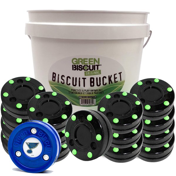 Green Biscuit Roller Hockey Puck Bucket 15 Pucks NHL Biscuit/GB Sticker- NHL Official Off Ice Hockey Pucks for Stick Handling, Passing, & Shooting Practice- Outdoor Street Hockey Puck-Dia 3",Thick 1"