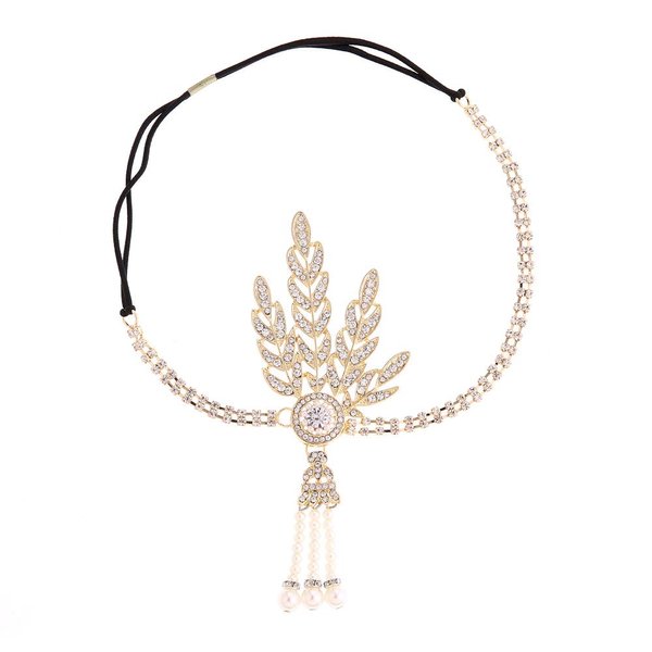 1920s Flapper Headband Great Gatsby Hair Hoops Rhinestone Crystal Tassel Headdress Leaf Pearl Headwear Headpiece Women Girls Hairband Hair Band Party Decoration Cosplay Costume Hair Accessories Golden