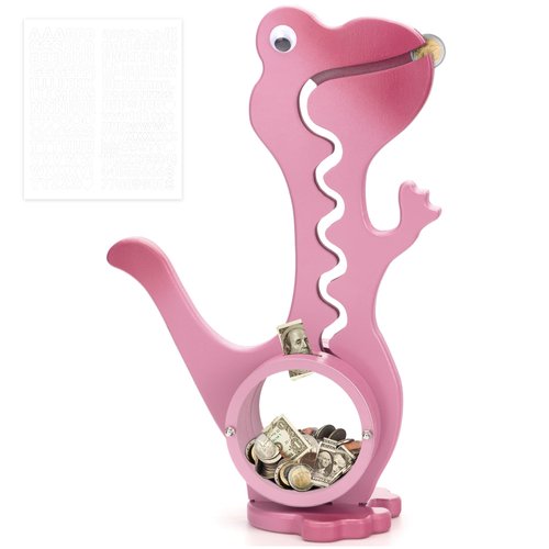 AORCMITN Wooden Dinosaur Piggy Bank Boalord for Boys Kids Girls Clear Big Belly Animal Coin Bank for Toddler Real Money Toy（Dino-Pink）