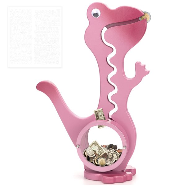 AORCMITN Wooden Dinosaur Piggy Bank Boalord for Boys Kids Girls Clear Big Belly Animal Coin Bank for Toddler Real Money Toy（Dino-Pink）