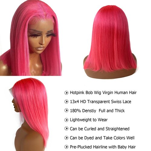 Bob Wig Human Hair, Hot Pink Human Hair Lace Front Wigs 14 Inch 13x4 HD Lace Front Wigs Human Hair Pre Plucked Glueless Lace Frontal Bob Wigs Brazilian Virgin Human Hair Wig for Women 180% Density