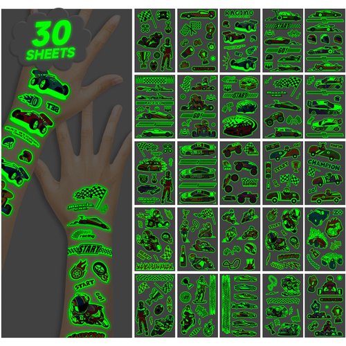 EMOME 260 Styles Glow Kids Tattoos Temporary, Hot Wheels Race Car Stickers Boy Tattoos Temporary for Kids, Hot Wheels Birthday Decorations Party Favors Supplies (30 Sheets)