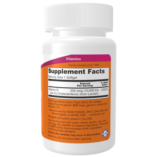 NOW Foods Supplements, Vitamin D-3 10,000 IU, Highest Potency, Structural Support*, 120 Softgels