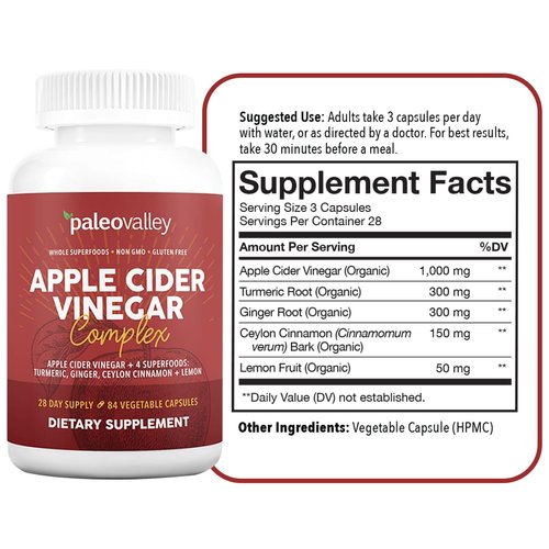 Paleovalley Apple Cider Vinegar Complex with Superfoods - Turmeric, Ginger, Ceylon Cinnamon and Lemon - 84 Vegetable Capsules