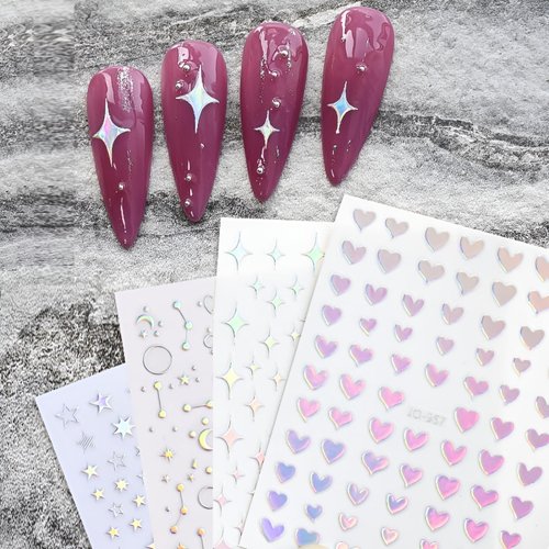 8 Sheets Aurora Nail Art Stickers 3D Self-Adhesive Pegatinas Uñas Nail Stickers Aurora Heart Nail Decals Star Moon Nail Supplies Nail Art Design Decoration Accessories for Women and Girls